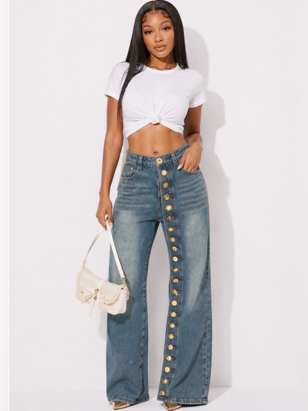 High-Rise Wide-Leg Button-Front Blue Jeans